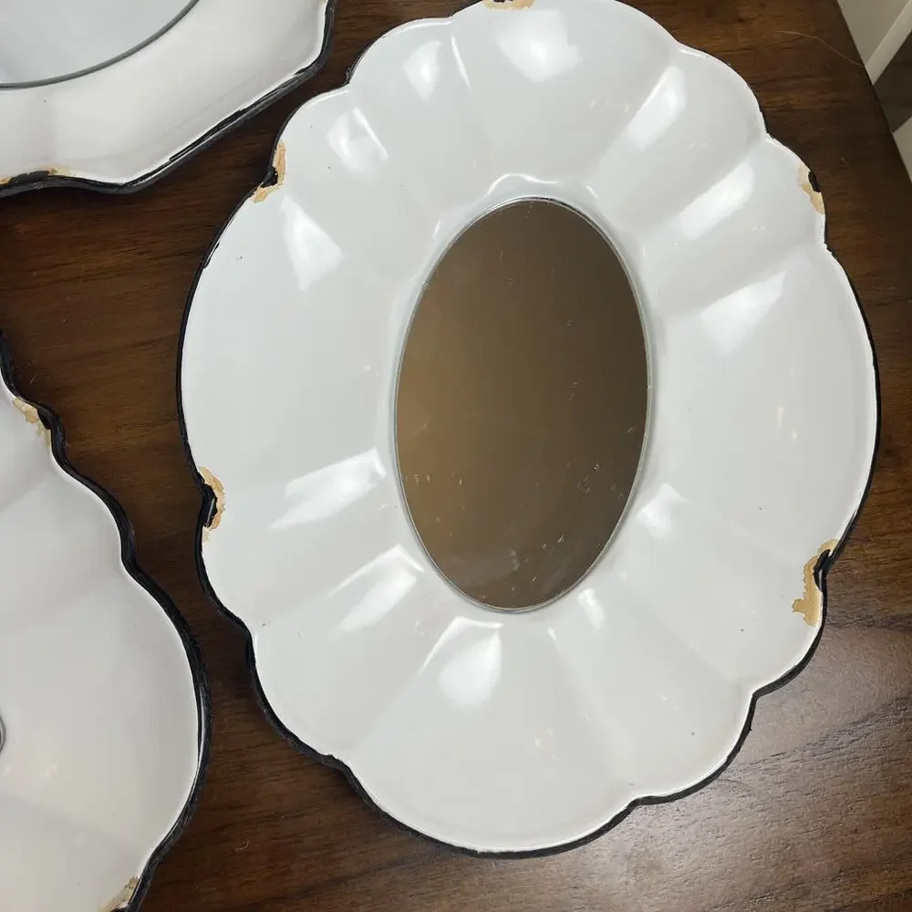 3 Piece White Mirror Set Shabby Chic Distressed Farmhouse Faux-Enamelware Rustic